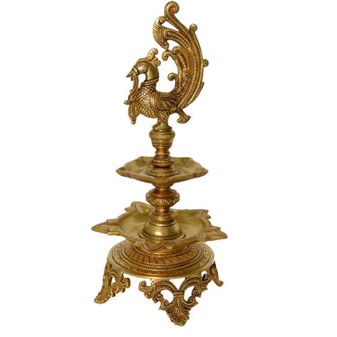 Best Deal Product Aakrati Brass Decorative Showpiece Oil Lamp with Peacock - Table Diya Stand - Indian Religious Metal Craft for Gift and Decor