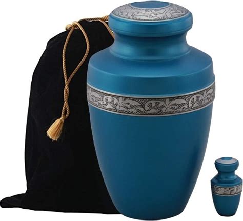Augustan Cremation Urn with Engraved Silver Bands - 100% Handcrafted Adult Urn - Solid Metal Large Urn for Human Ashes - Adult Urn with Keepsake and Velvet Bag (Green)