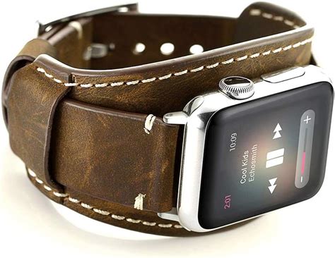 Leotop Compatible with Apple Watch Band 45mm 44mm 42mm Men Women Genuine Leather Compatible iwatch Bracelet Wrist Strap Compatible Apple Watch Series 7/6/5/4/3/2/1 SE (Crazy Horse Cuff Black)