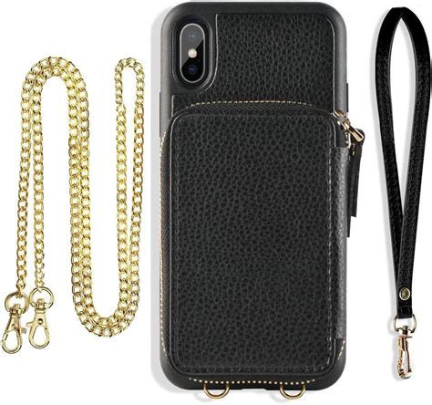 Best Promo ZVE Case for Apple iPhone Xs and X, 5.8 inch, Wallet Case with Crossbody Chain Strap Credit Card Holder Slot Zipper Shoulder Handbag Purse Wrist Strap Case Cover for Apple iPhone X and XS - Black